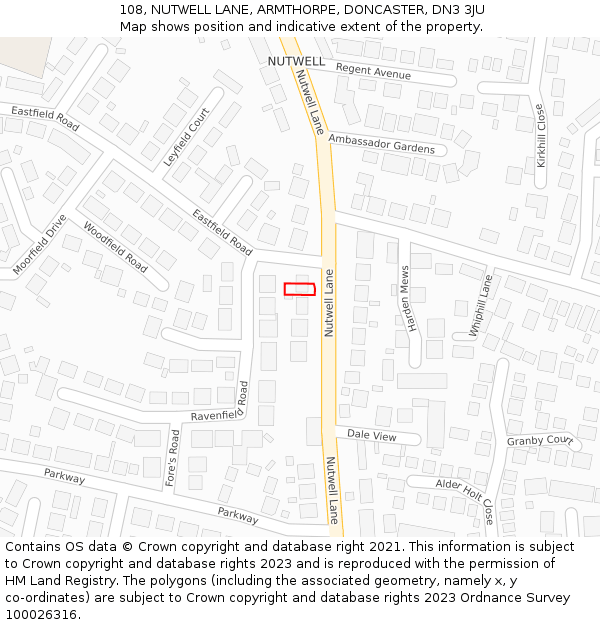 108, NUTWELL LANE, ARMTHORPE, DONCASTER, DN3 3JU: Location map and indicative extent of plot