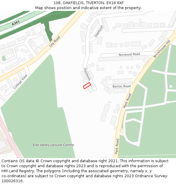 108, OAKFIELDS, TIVERTON, EX16 6XF: Location map and indicative extent of plot