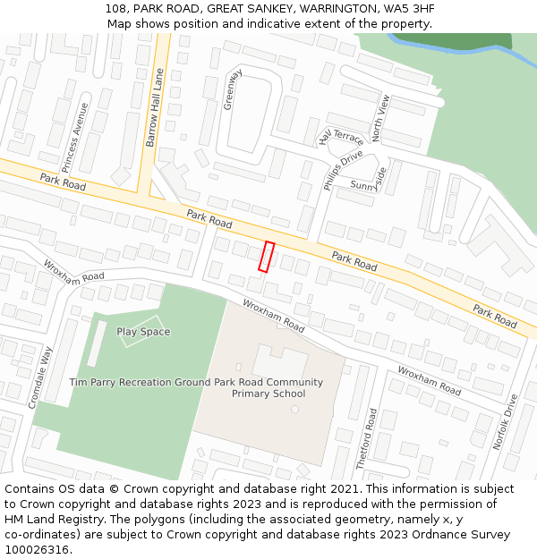 108, PARK ROAD, GREAT SANKEY, WARRINGTON, WA5 3HF: Location map and indicative extent of plot