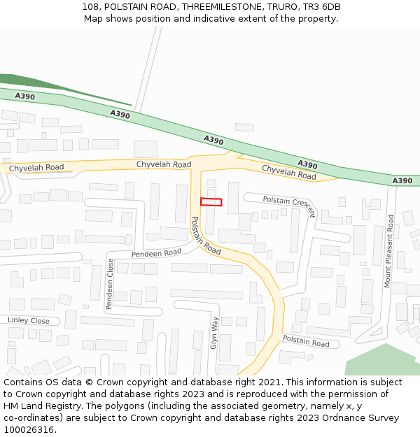 108, POLSTAIN ROAD, THREEMILESTONE, TRURO, TR3 6DB: Location map and indicative extent of plot