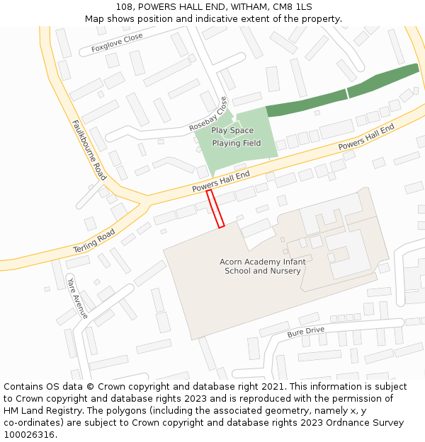 108, POWERS HALL END, WITHAM, CM8 1LS: Location map and indicative extent of plot