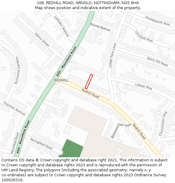 108, REDHILL ROAD, ARNOLD, NOTTINGHAM, NG5 8HA: Location map and indicative extent of plot