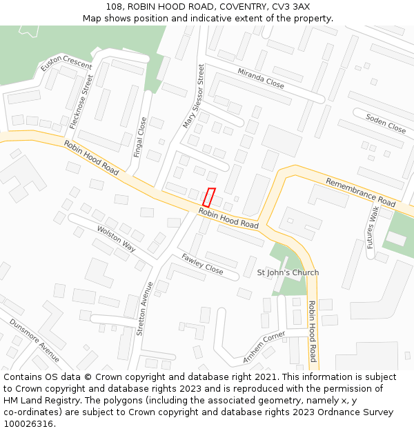 108, ROBIN HOOD ROAD, COVENTRY, CV3 3AX: Location map and indicative extent of plot