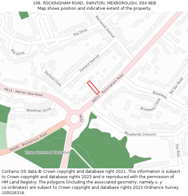 108, ROCKINGHAM ROAD, SWINTON, MEXBOROUGH, S64 8EB: Location map and indicative extent of plot