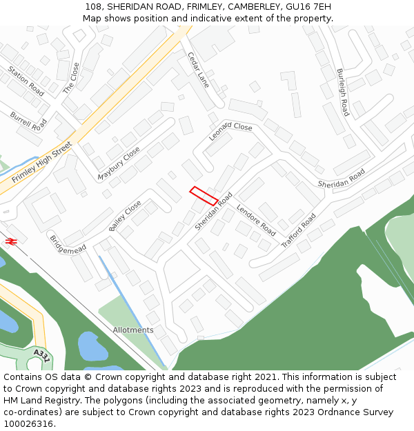 108, SHERIDAN ROAD, FRIMLEY, CAMBERLEY, GU16 7EH: Location map and indicative extent of plot