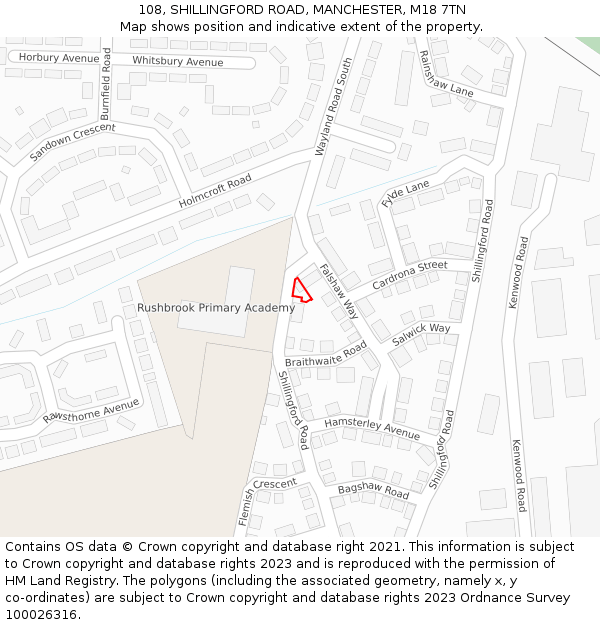 108, SHILLINGFORD ROAD, MANCHESTER, M18 7TN: Location map and indicative extent of plot