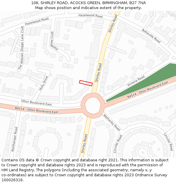 108, SHIRLEY ROAD, ACOCKS GREEN, BIRMINGHAM, B27 7NA: Location map and indicative extent of plot