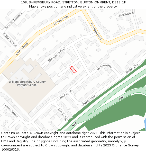 108, SHREWSBURY ROAD, STRETTON, BURTON-ON-TRENT, DE13 0JF: Location map and indicative extent of plot