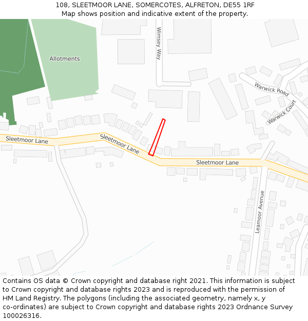 108, SLEETMOOR LANE, SOMERCOTES, ALFRETON, DE55 1RF: Location map and indicative extent of plot