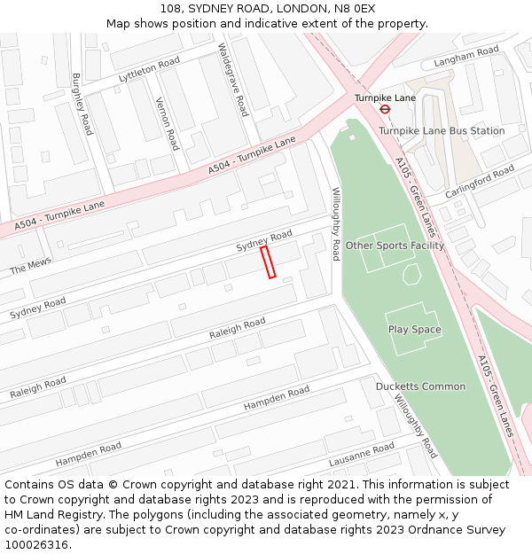 108, SYDNEY ROAD, LONDON, N8 0EX: Location map and indicative extent of plot