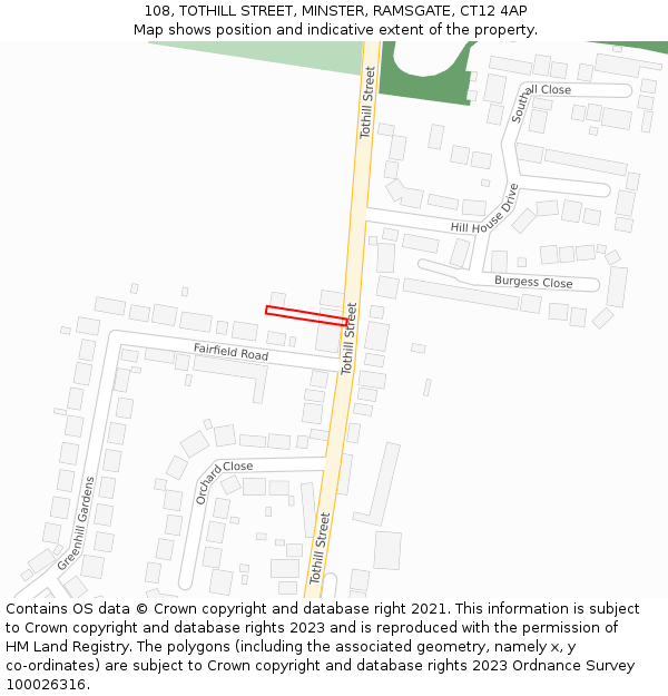 108, TOTHILL STREET, MINSTER, RAMSGATE, CT12 4AP: Location map and indicative extent of plot