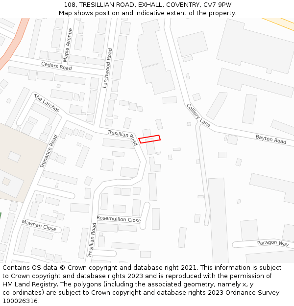 108, TRESILLIAN ROAD, EXHALL, COVENTRY, CV7 9PW: Location map and indicative extent of plot
