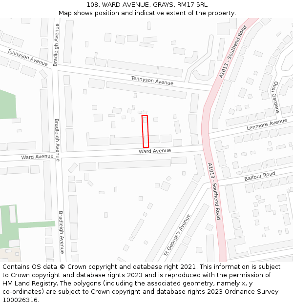 108, WARD AVENUE, GRAYS, RM17 5RL: Location map and indicative extent of plot