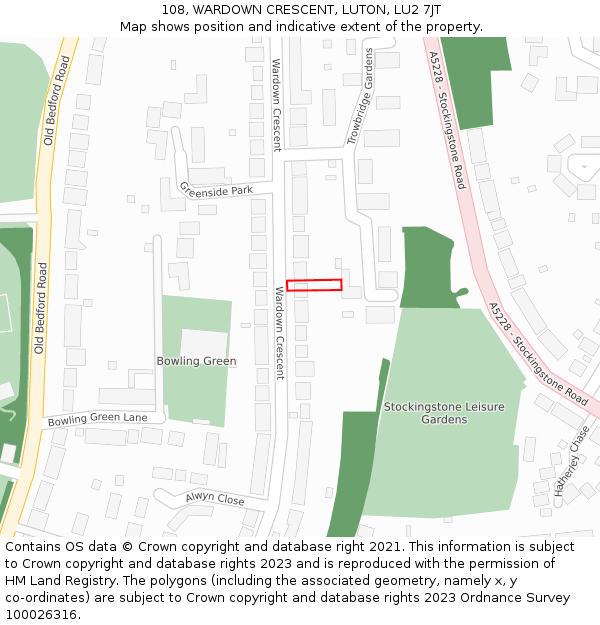 108, WARDOWN CRESCENT, LUTON, LU2 7JT: Location map and indicative extent of plot