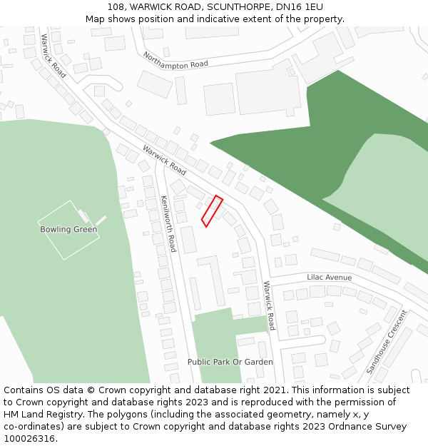 108, WARWICK ROAD, SCUNTHORPE, DN16 1EU: Location map and indicative extent of plot