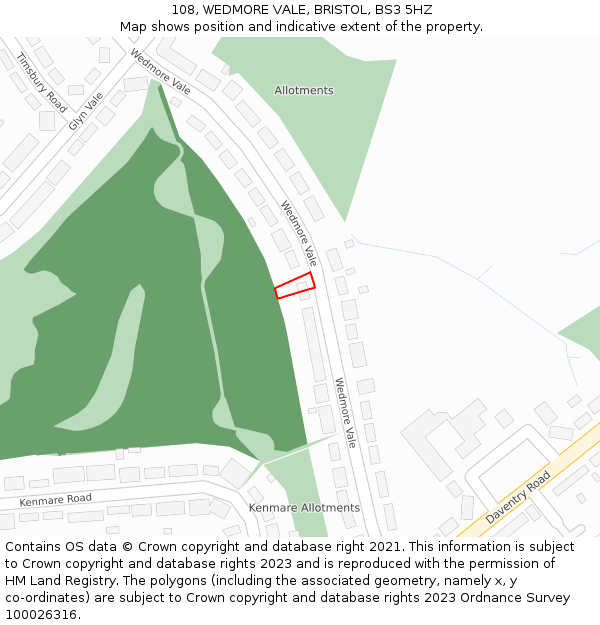 108, WEDMORE VALE, BRISTOL, BS3 5HZ: Location map and indicative extent of plot