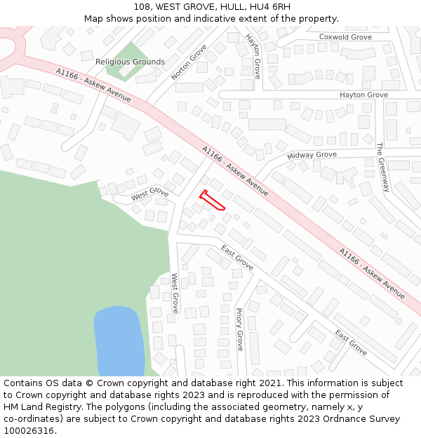 108, WEST GROVE, HULL, HU4 6RH: Location map and indicative extent of plot