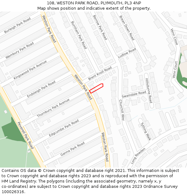 108, WESTON PARK ROAD, PLYMOUTH, PL3 4NP: Location map and indicative extent of plot