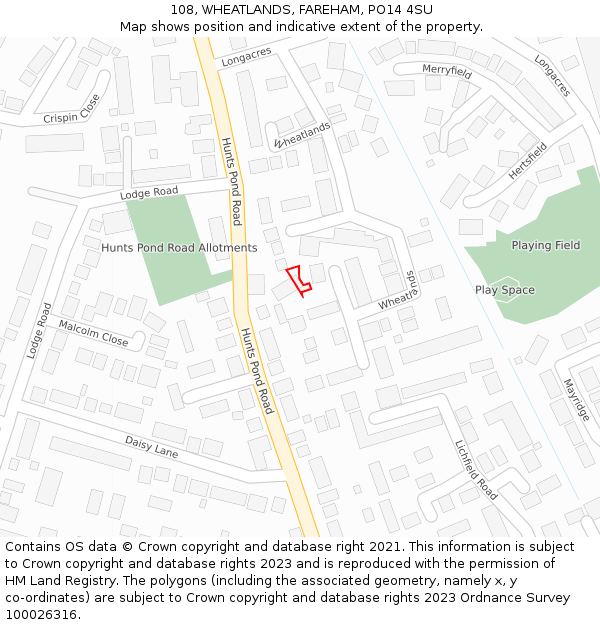 108, WHEATLANDS, FAREHAM, PO14 4SU: Location map and indicative extent of plot