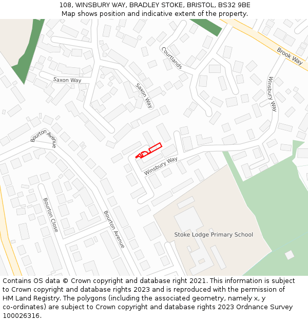 108, WINSBURY WAY, BRADLEY STOKE, BRISTOL, BS32 9BE: Location map and indicative extent of plot