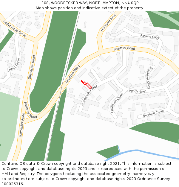 108, WOODPECKER WAY, NORTHAMPTON, NN4 0QP: Location map and indicative extent of plot