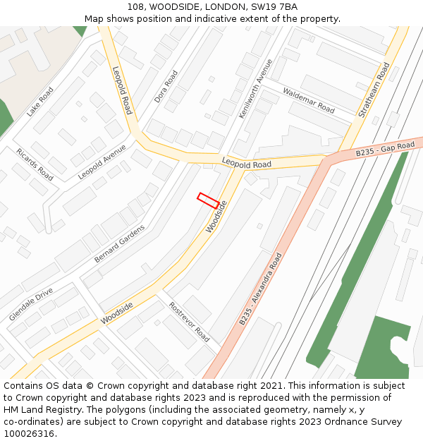 108, WOODSIDE, LONDON, SW19 7BA: Location map and indicative extent of plot