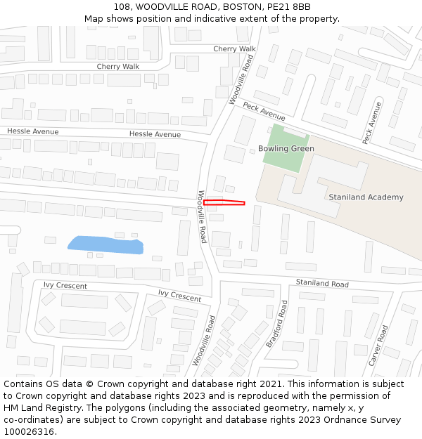 108, WOODVILLE ROAD, BOSTON, PE21 8BB: Location map and indicative extent of plot