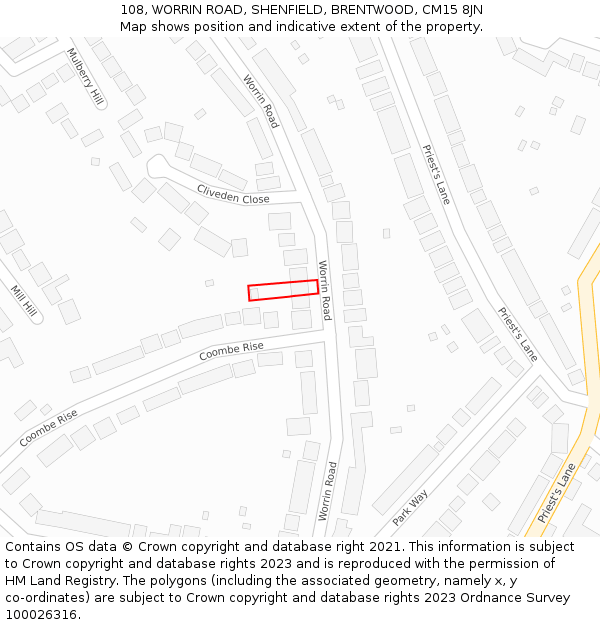 108, WORRIN ROAD, SHENFIELD, BRENTWOOD, CM15 8JN: Location map and indicative extent of plot