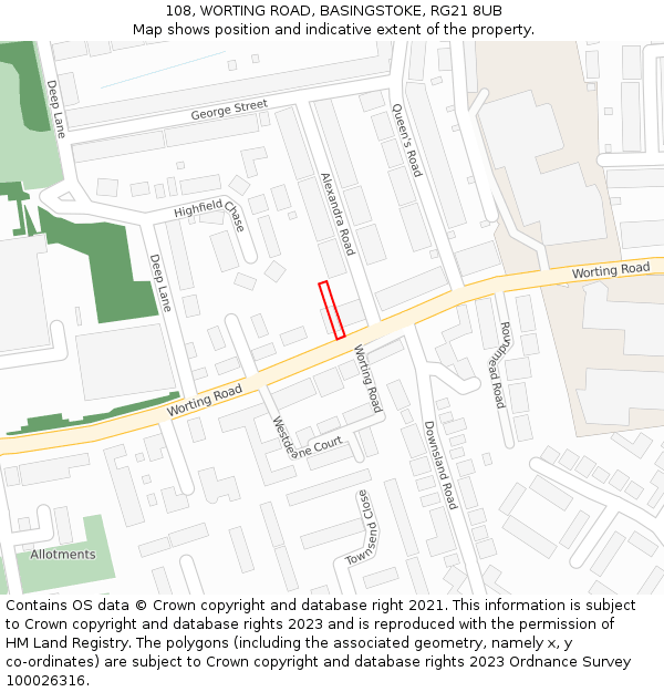 108, WORTING ROAD, BASINGSTOKE, RG21 8UB: Location map and indicative extent of plot