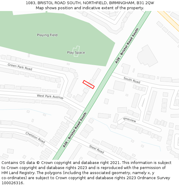 1083, BRISTOL ROAD SOUTH, NORTHFIELD, BIRMINGHAM, B31 2QW: Location map and indicative extent of plot