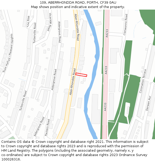 109, ABERRHONDDA ROAD, PORTH, CF39 0AU: Location map and indicative extent of plot