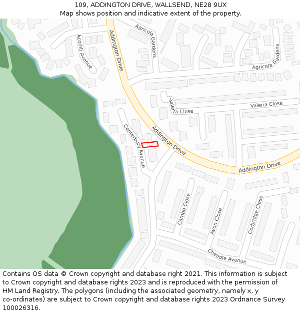 109, ADDINGTON DRIVE, WALLSEND, NE28 9UX: Location map and indicative extent of plot