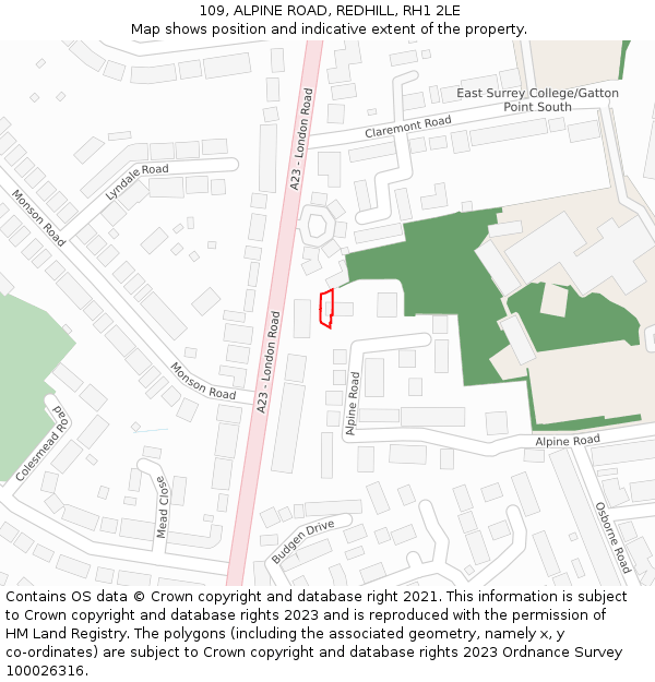 109, ALPINE ROAD, REDHILL, RH1 2LE: Location map and indicative extent of plot