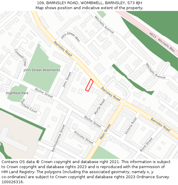 109, BARNSLEY ROAD, WOMBWELL, BARNSLEY, S73 8JH: Location map and indicative extent of plot