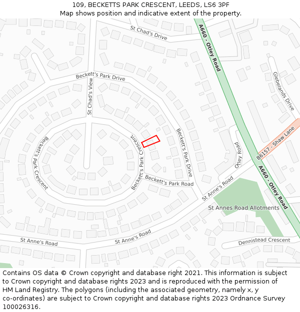 109, BECKETTS PARK CRESCENT, LEEDS, LS6 3PF: Location map and indicative extent of plot