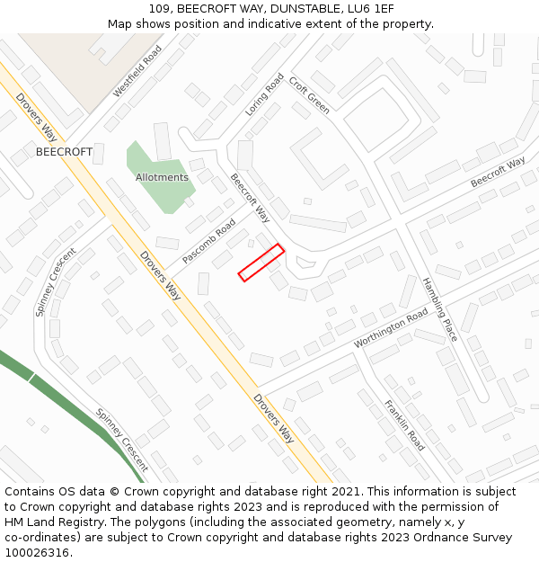 109, BEECROFT WAY, DUNSTABLE, LU6 1EF: Location map and indicative extent of plot