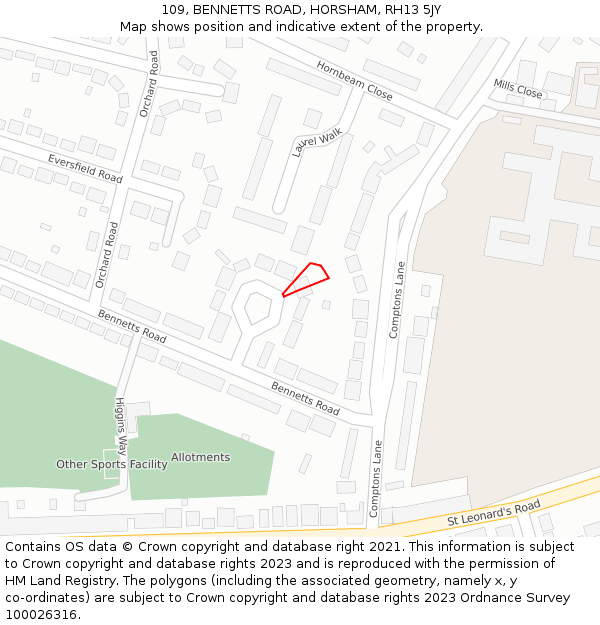 109, BENNETTS ROAD, HORSHAM, RH13 5JY: Location map and indicative extent of plot