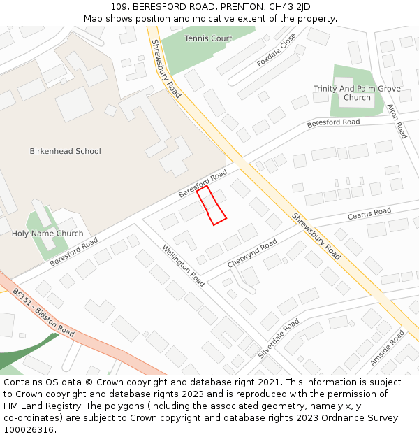 109, BERESFORD ROAD, PRENTON, CH43 2JD: Location map and indicative extent of plot