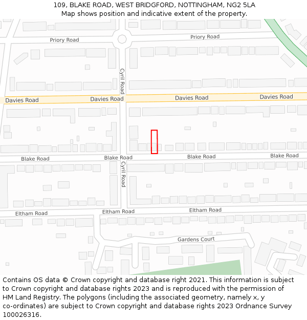 109, BLAKE ROAD, WEST BRIDGFORD, NOTTINGHAM, NG2 5LA: Location map and indicative extent of plot