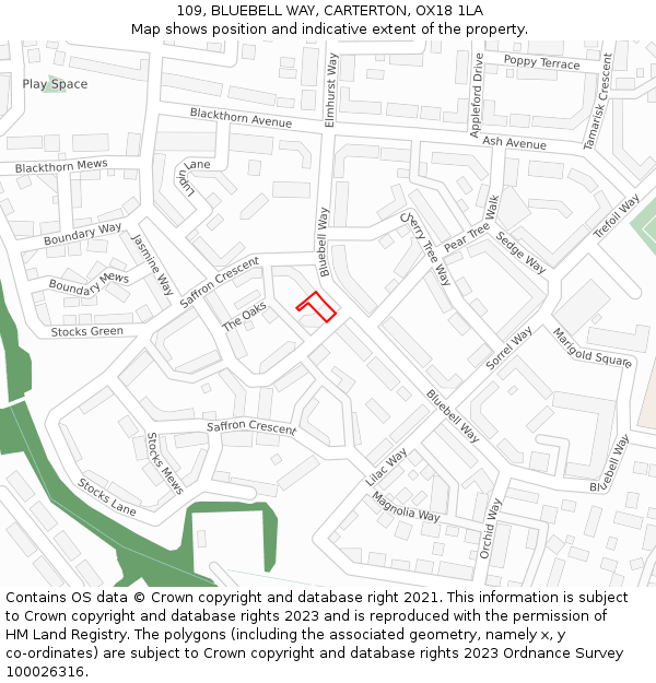 109, BLUEBELL WAY, CARTERTON, OX18 1LA: Location map and indicative extent of plot