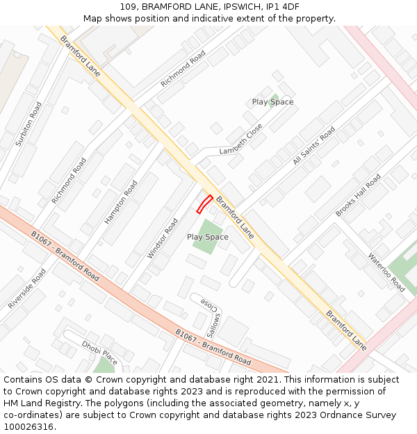 109, BRAMFORD LANE, IPSWICH, IP1 4DF: Location map and indicative extent of plot