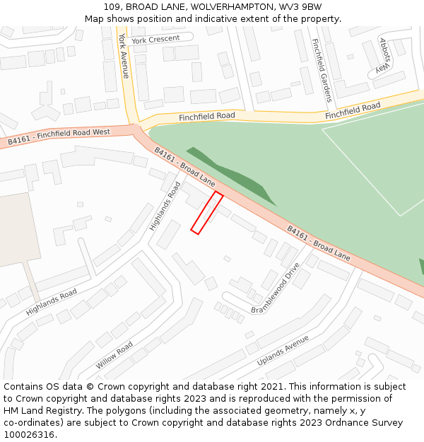 109, BROAD LANE, WOLVERHAMPTON, WV3 9BW: Location map and indicative extent of plot