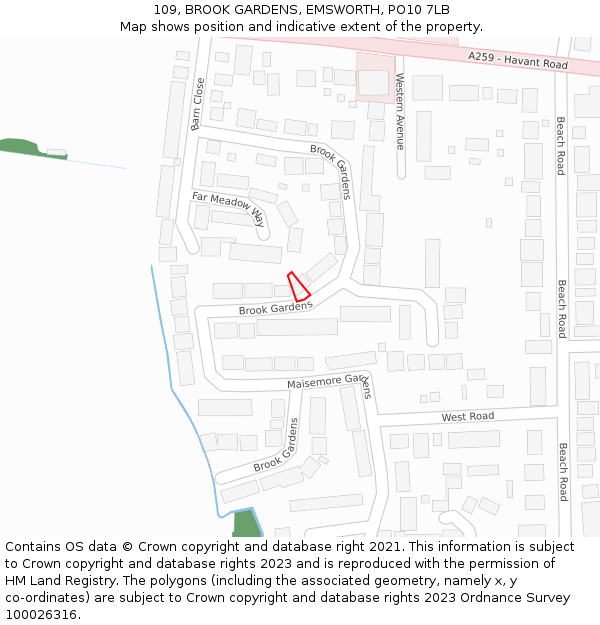 109, BROOK GARDENS, EMSWORTH, PO10 7LB: Location map and indicative extent of plot