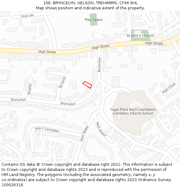 109, BRYNCELYN, NELSON, TREHARRIS, CF46 6HL: Location map and indicative extent of plot