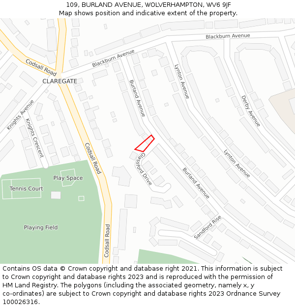 109, BURLAND AVENUE, WOLVERHAMPTON, WV6 9JF: Location map and indicative extent of plot