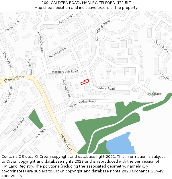 109, CALDERA ROAD, HADLEY, TELFORD, TF1 5LT: Location map and indicative extent of plot