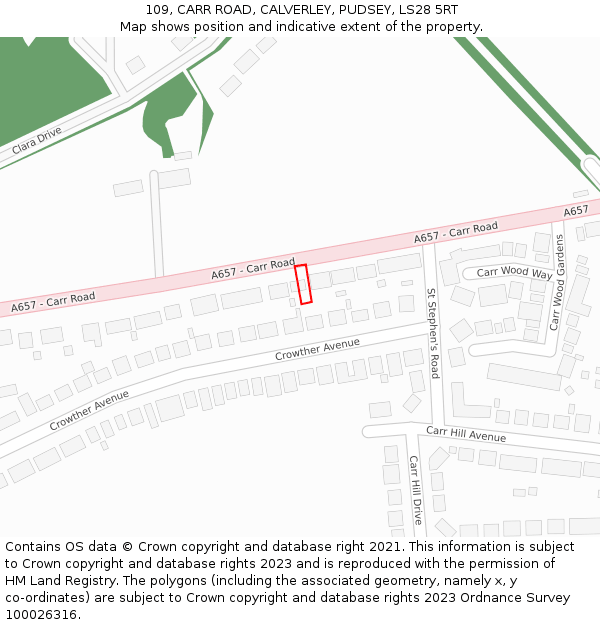 109, CARR ROAD, CALVERLEY, PUDSEY, LS28 5RT: Location map and indicative extent of plot