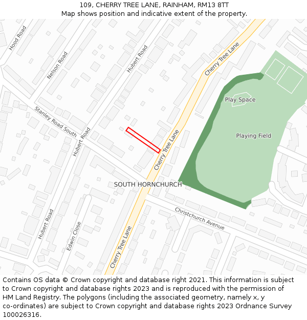 109, CHERRY TREE LANE, RAINHAM, RM13 8TT: Location map and indicative extent of plot