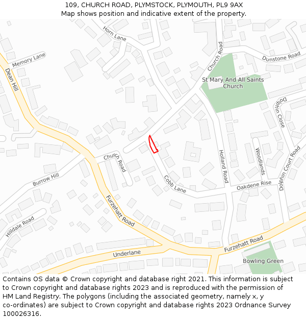 109, CHURCH ROAD, PLYMSTOCK, PLYMOUTH, PL9 9AX: Location map and indicative extent of plot