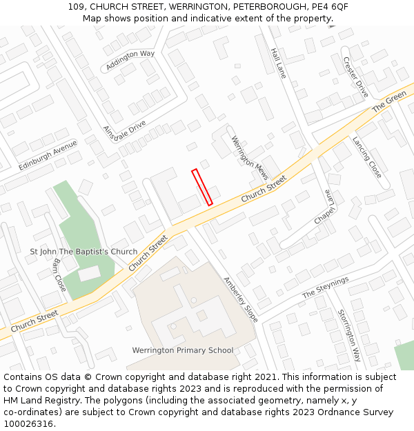 109, CHURCH STREET, WERRINGTON, PETERBOROUGH, PE4 6QF: Location map and indicative extent of plot